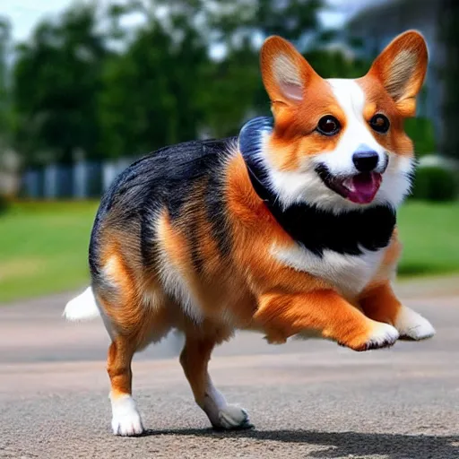 Image similar to realistic photo of corgi with saddle, cat on top of it