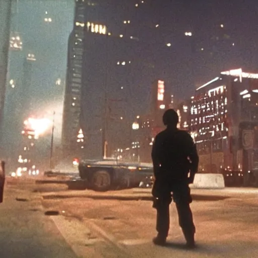 Image similar to Environment = Detroit 1987, only one cop part man part machine can stand up to crime - Cyborg Cop, Character = Cyborg Cop who is a cybernetic organism part human part machine, all justice, Style = Ultra Realistic, VHS film, Total Recall, Das Boot, Starship Troopers, cinematography by Jost Vacano, Composure = Establishing shot, Exterior Shot, Cinematic Film, 4k