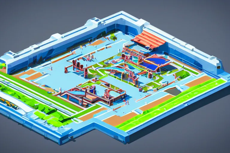 Image similar to isometric view of a futuristic high - tech sky arena inspired by modern skate parks and modern chinese playgrounds in the style of splatoon, day