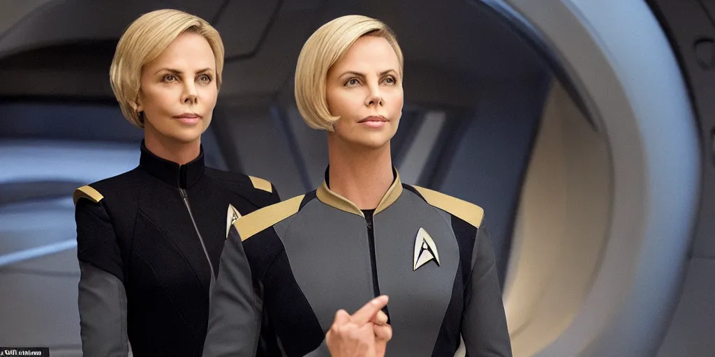 Image similar to Charlize Theron, in full starfleet uniform, is the captain of the starship Enterprise in the new Star Trek movie