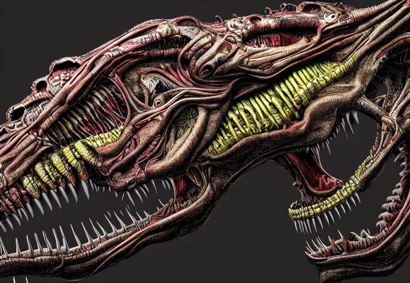 Prompt: extremely detailed. a colorful tyrannosaurus rex. iridescent biomechanical giger ’ s xenomorph. the thing. detailed and intricate environment, hyperrealism, black background, detailed and intricate environment, reflective, food photography, rembrandt, 8 k