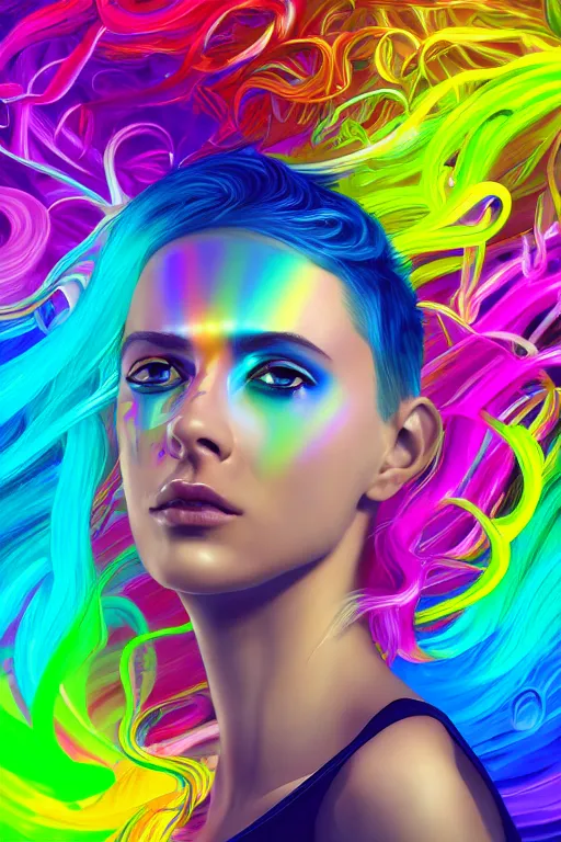 Image similar to a award winning half body portrait of a beautiful woman with stunning eyes in a croptop and cargo pants with rainbow colored ombre hairstyle head in motion and hair flying by thomas danthony, surrounded by whirling illuminated liquids and lines, outrun, vaporware, shaded flat illustration, digital art, trending on artstation, highly detailed, fine detail, intricate