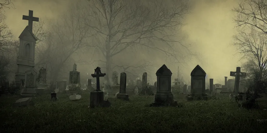 Prompt: ghosts in an old church yard cemetery, a ghostly figure os walking between the grave stones, night time low light, spooky and scary atmosphere, artstation flames from church windows,