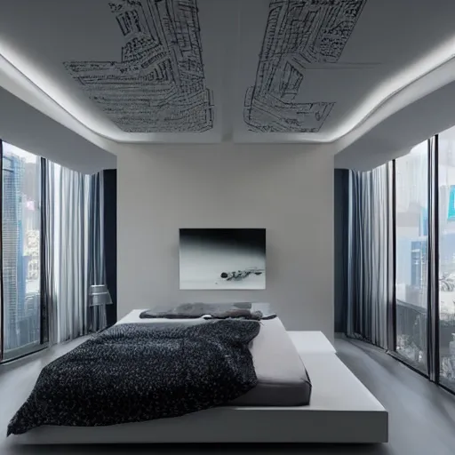 Image similar to a futuristic luxury white bedroom with ceiling high windows looking out to a cyberpunk cityscape