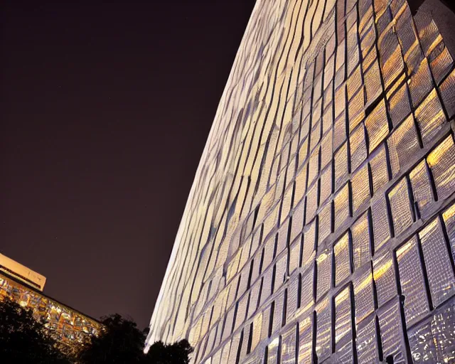 Image similar to a very tall building lit up at night, a photo by richard wilson, featured on flickr, brutalism, nightscape, flickering light, chiaroscuro