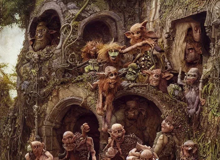 Image similar to jim henson's labyrinth. stone walls. a wrecking crew of five goblins. by edgar maxence and caravaggio and michael whelan and delacroix style, artistic, intricate painting, cinematic lighting, hyper realistic, extremely detailed, vivid colors, establishing shot, dramatic lighting