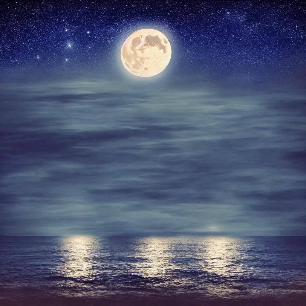 Prompt: calm night sea, big luminescent moon, stars in the sky, mystic, hyper - realistic, high contrast