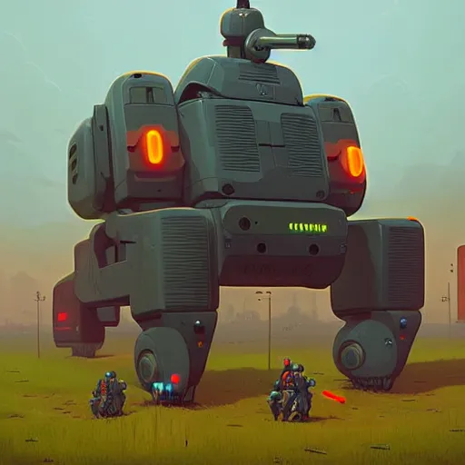 Prompt: a heavily armed battlebot, extremely detailed digital art by simon stalenhag