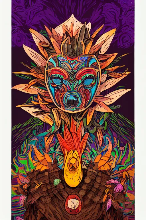 Image similar to animal mask totem roots flower tribal feather gemstone plant wood rock shaman vodoo video game vector cutout illustration vivid multicolor borderlands comics by josan gonzales and dan mumford radiating a glowing aura