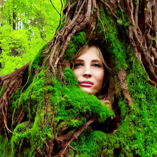 Image similar to a woman's face emerging from the roots of a tree, covered in moss, flowers, mother nature