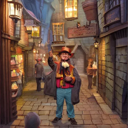 Prompt: Twoflower as a tourist in Diagon Alley detailed, hyperrealistic, colorful, cinematic lighting, digital art by Paul Kidby, Kate Oleska, and Stephen Player