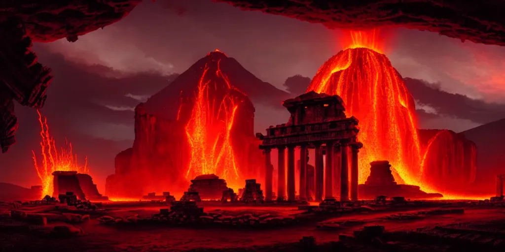 Image similar to ancient god temple at night ruins of ancient civilization, surrounded by glowing lava, volcanoes in the background, ultra high definition, ultra detailed, symmetry, sci - fi, dark fantasy, by greg rutkowski and ross tran