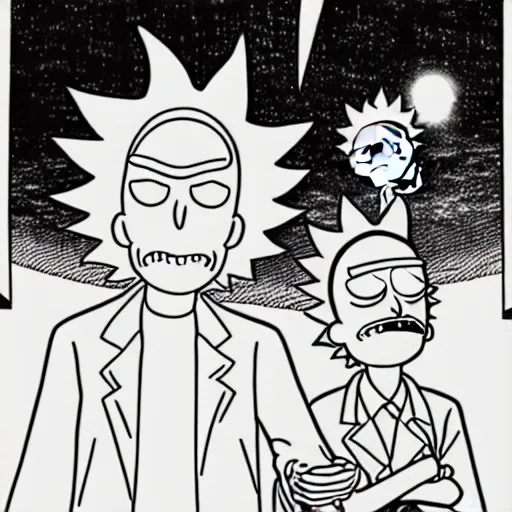 Image similar to Rick and Morty flying in their spaceship in the style of Akira, 2000s manga, anime, Japan