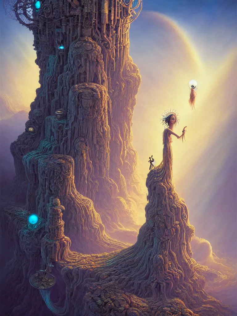 Image similar to the surreal goddess of dreams by carol bak, jacek yerka, gediminas pranckevicius, alex gray, dan mumford and h. r. giger, digital painting, octane rendered, crepuscular rays, neon cyberpunk colors, cinematic, trending on artstation