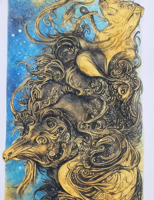 Image similar to animal god of song and starlight. this ink wash and goldleaf work by the beloved children's book illustrator has interesting color contrasts, plenty of details and impeccable lighting.