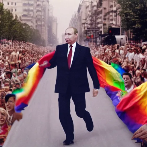 Image similar to putin dancing in a pride parade surrounded by large hairy men, film still, photography, high detail, 8 k, 4 k, focused