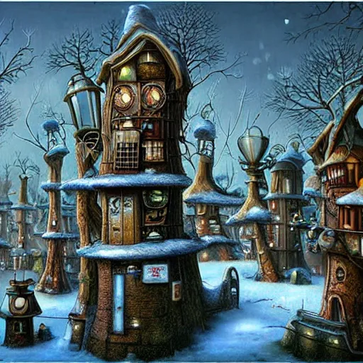 Prompt: a steampunk village on tall stilts in a snowy forest , by Naoto Hattori,