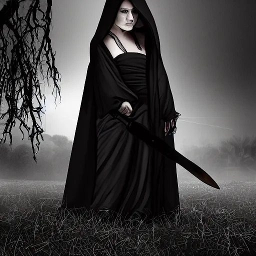 Prompt: A woman dressed in a black hooded robe, wielding daggers, she is lurking in the shadows of a graveyard, digital art