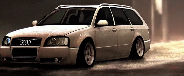 Prompt: Audi A4 B6 Avant (2002), a post apocalyptic, dramatic lighting, cinematic, establishing shot, extremly high detail, photorealistic, cinematic lighting, artstation, style by greg rutkowsky, Max Payne (PC) (2001)