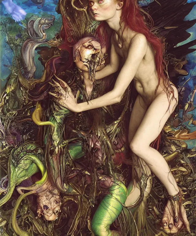 Image similar to a portrait photograph of a harpy succubus with slimy skin being transformed into a beautiful alien. she looks like sadie sink and is wearing a colorful infected sleek organic catsuit. by donato giancola, hans holbein, walton ford, gaston bussiere, peter mohrbacher and brian froud. 8 k, cgsociety, fashion editorial