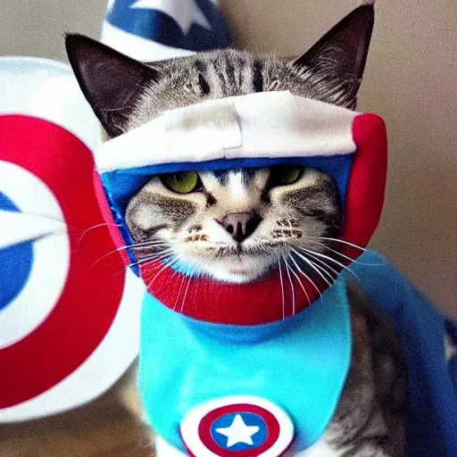 Image similar to a cat wearing captain america's outfit