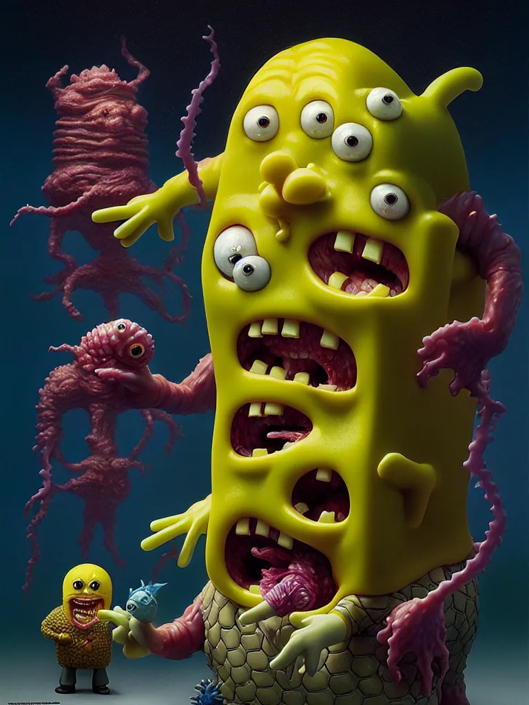 Image similar to hyperrealistic rendering, fat smooth john carpenter flesh monster spongebob by donato giancola and greg rutkowski and wayne barlow and zdzisław beksinski, product photography, action figure, sofubi, studio lighting, colored gels, colored background