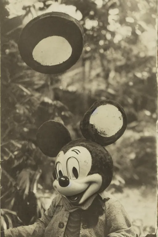 Prompt: a 1 9 0 5 colonial closeup portrait photograph of mickey mouse in a village at the river bank of congo, thick jungle, portrait shot