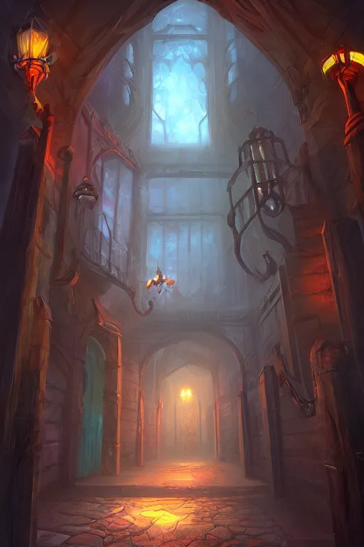 Image similar to a matte painting gothic hallway colorful by, tyler edlin