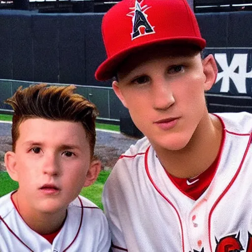 Image similar to “a realistic detailed photo of a guy who is named Mike Trout, hypnotized by Tom Holland, baseball player”