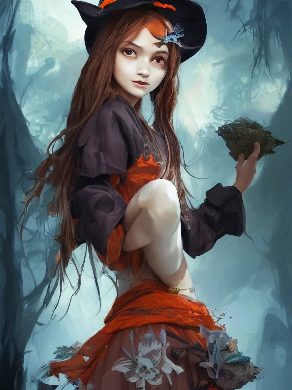 Image similar to Full shot of a cute mischievous young witch about to get up to some trouble. Latin American fashion. Black and Orange palette. Latina girl. brown skin. Symmetrical facial features. By Ruan Jia and Artgerm and Range Murata and WLOP. Key Art. Fantasy Illustration. award winning, Artstation, intricate details, realistic, Hyperdetailed, 8k resolution.