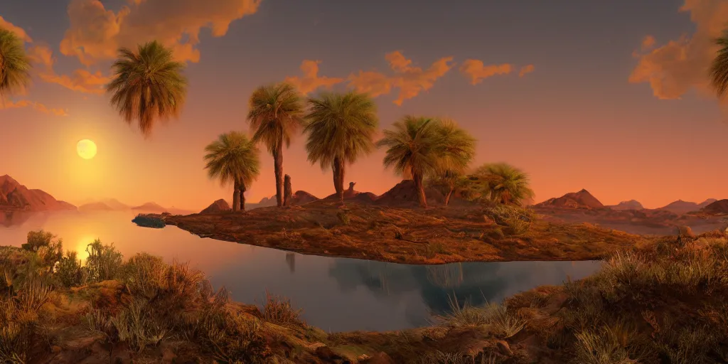 Image similar to ultra detailed and realistic painting of the sunset and a full moon in an environment of water mountains desert and forest inspired by very beautiful cute and colored disney movie backgrounds, rendered in 8 k unreal engine