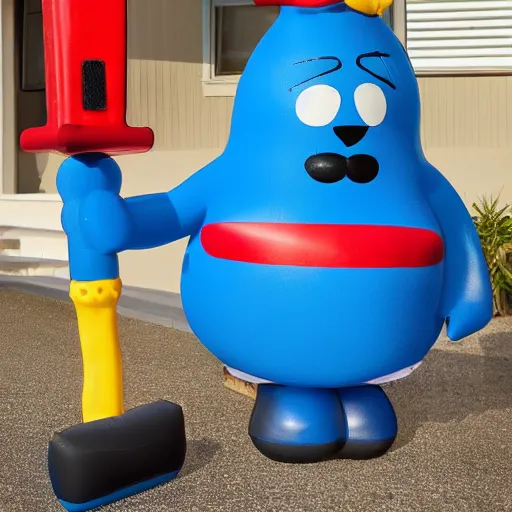 Prompt: big mean fat blue guy with an inflatable hammer