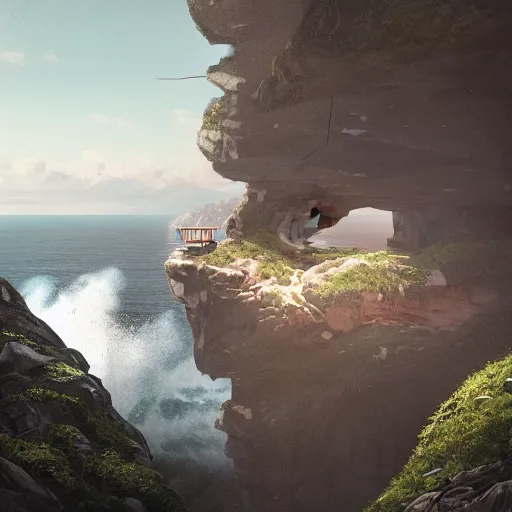 Prompt: a cozy cabin on top of a cliff, view of the ocean, huge waves beneath, dramatic lighting, artstation, matte painting, raphael lacoste, simon stalenhag, frank lloyd wright, zaha hadid, drone view