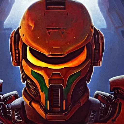 Image similar to doom guy from doom eternal in the halo universe, artstation hall of fame gallery, editors choice, #1 digital painting of all time, most beautiful image ever created, emotionally evocative, greatest art ever made, lifetime achievement magnum opus masterpiece, the most amazing breathtaking image with the deepest message ever painted, a thing of beauty beyond imagination or words, 4k, highly detailed, cinematic lighting