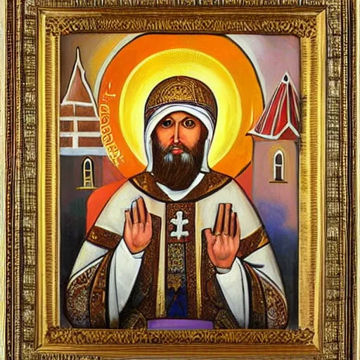 Image similar to habib rieziq shihab as saint with orthodox church styles painting,oil paint