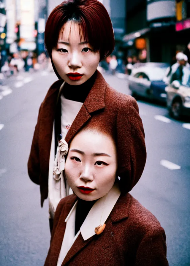 Image similar to a portrait street photograph shot on cinestill 5 0 d of a japanese woman in 9 0 s fashion with modest make up, hair died to a hazelnut brown, shot in shibuya tokyo on a 3 5 mm at f / 2. 8 and 1 / 1 2 0 0 shutter speed, print magazine quality, nostalgia, 8 k