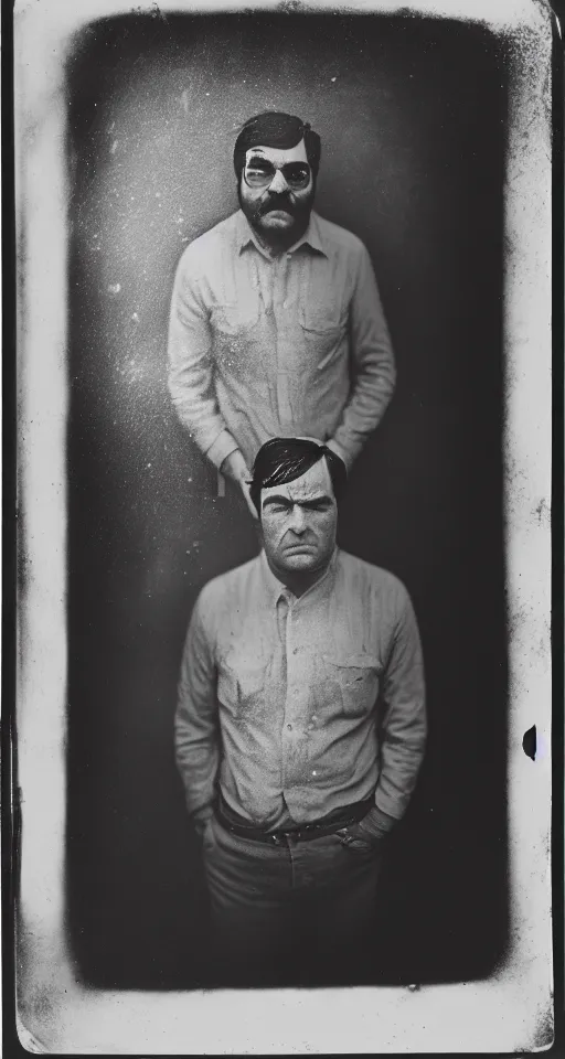 Image similar to a wet plate photograph, a portrait of Jim Jones