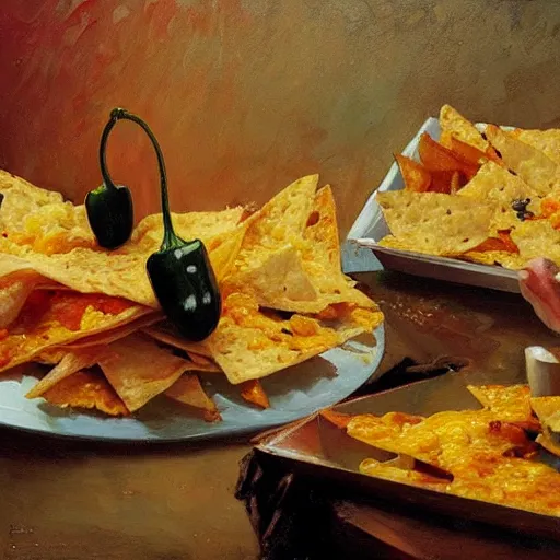 Prompt: portrait nachos with cheese and jalapeno, white background, detailed painting, epic lighting, by ilya repin, phil hale and kent williams