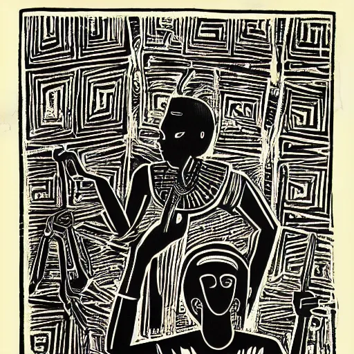 Prompt: monarchy as thieves, african lino cut, high contrast