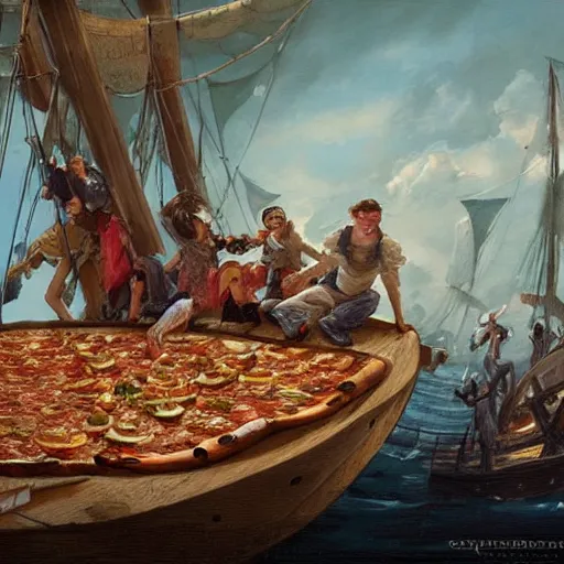 Image similar to a group of adventurers eating a giant pizza on a sailing ship, greg rutkowski