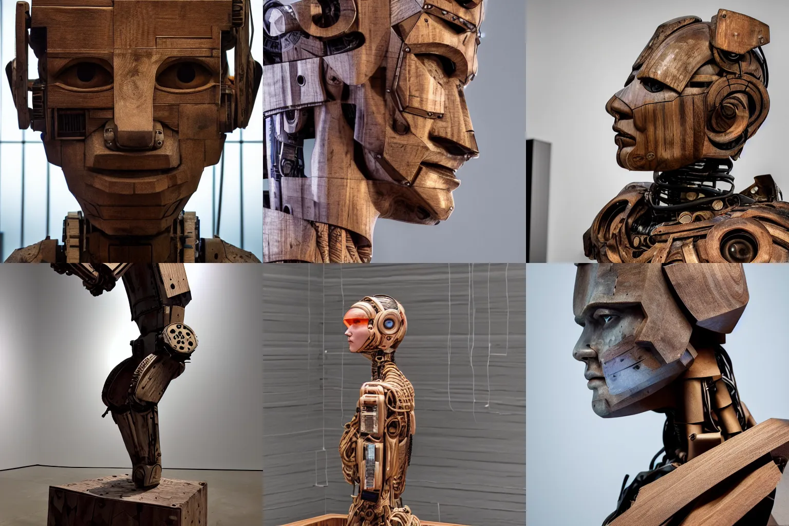 Prompt: an ultra realistic shot of a wooden art sculpture on a pedestal of a cyberpunk Roman robotic in a contemporary art gallery 8k octa