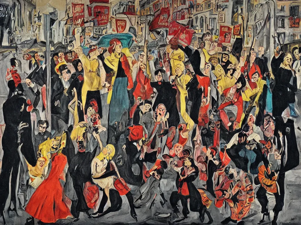 Image similar to feminist revolution, lisbon city at night, art in the style of paula rego