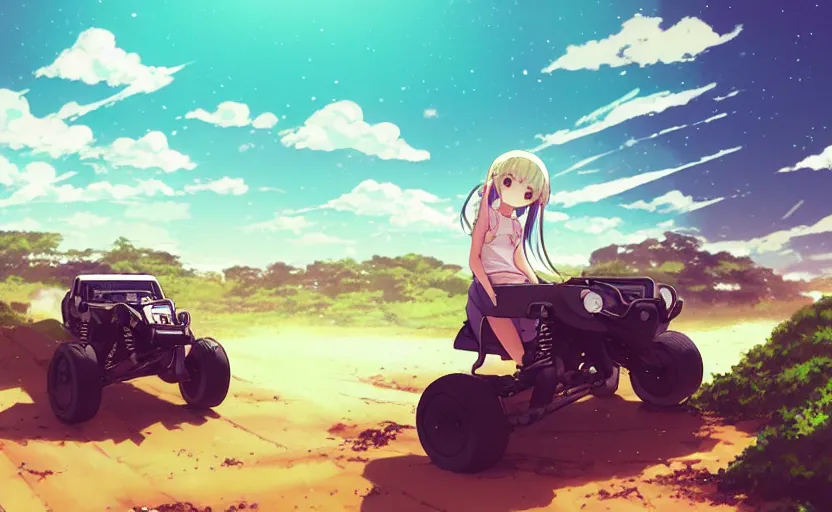 Image similar to a cute girl driving a kyosho buggy, clear summer sky background, dirt and luch landscape, illustration concept art anime key visual trending pixiv fanbox by wlop and greg rutkowski and makoto shinkai and studio ghibli and kyoto animation, rc car, off - road circuit, obstacles and jumps