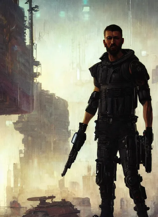 Image similar to rayne. cyberpunk mercenary in a military vest ( blade runner 2 0 4 9, cyberpunk 2 0 7 7 ). orientalist portrait by john william waterhouse and james gurney and theodore ralli and nasreddine dinet, oil on canvas. cinematic, hyper realism, realistic proportions, dramatic lighting, high detail 4 k