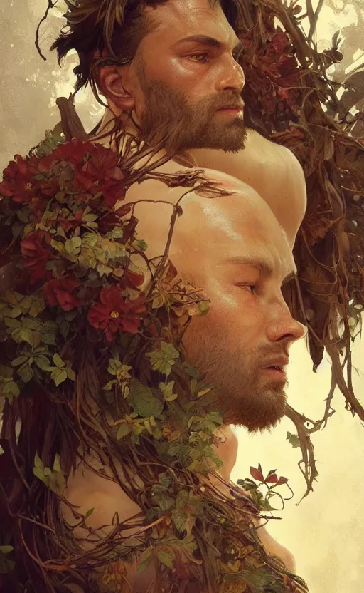 Image similar to god of the forest, 3 0 years old, rugged, male, gorgeous, detailed face, amazing, full body, flowers, muscular, intricate, highly detailed, digital painting, artstation, concept art, sharp focus, illustration, art by greg rutkowski and alphonse mucha