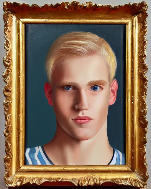 Image similar to awkward cute blond man who is awkward and is also awkward, feminine man, handsome and attractive, cute face, thin, short, very detailed oil painting, oil on canvas