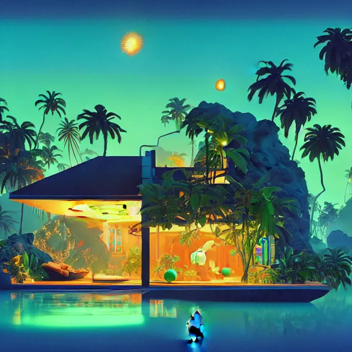 Image similar to a luminescent tropical cottage by paolo eleuteri serpieri and tomer hanuka and chesley bonestell and daniel merriam and tomokazu matsuyama, unreal engine, high resolution render, featured on artstation, octane, 8 k, highly intricate details, vivid colors, vector illustration