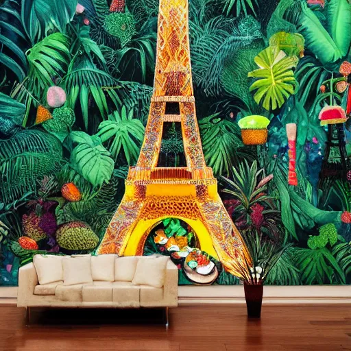 Image similar to eiffel tower surrounded by ice cream in a tropical forest with animals, modern art, mysterious, colorful,