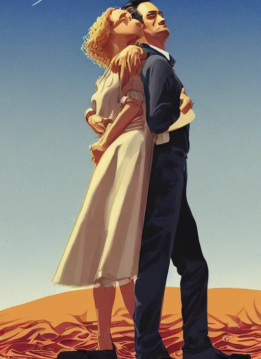 Prompt: poster artwork by Michael Whelan and Tomer Hanuka, Karol Bak of Naomi Watts & Jon Hamm husband & wife portrait, in the pose of The Notebook poster, from scene from Twin Peaks, clean, simple illustration, nostalgic, domestic, full of details