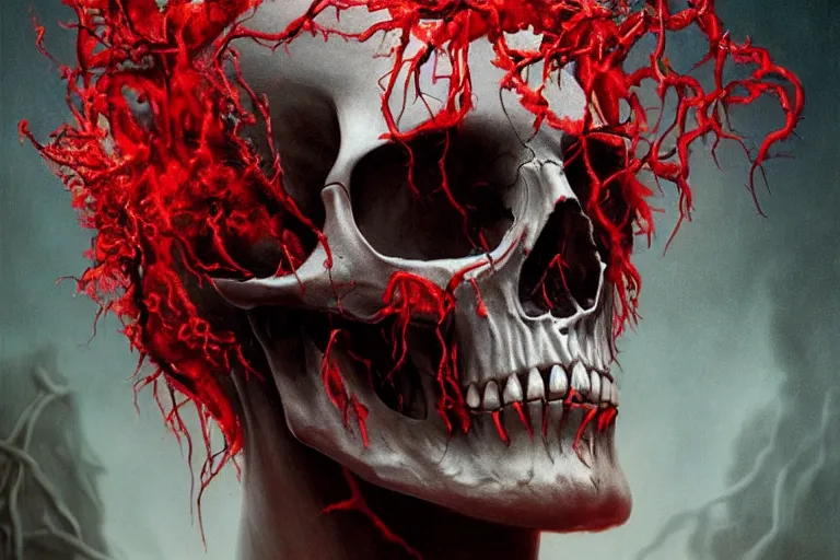 Image similar to realistic portrait beautiful detailed matte painting of cinematic movie scene a skinned skull, tentacles, black and red, thorns, vines, horror, created by gustave dore and greg rutkowski, high detailed, smooth draw, synthwave neon retro, intricate, realistic proportions, dramatic lighting, trending on artstation.